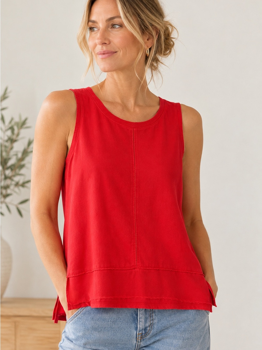 LOFT Red Short Sleeve Crewneck Top with Front Seam Detail